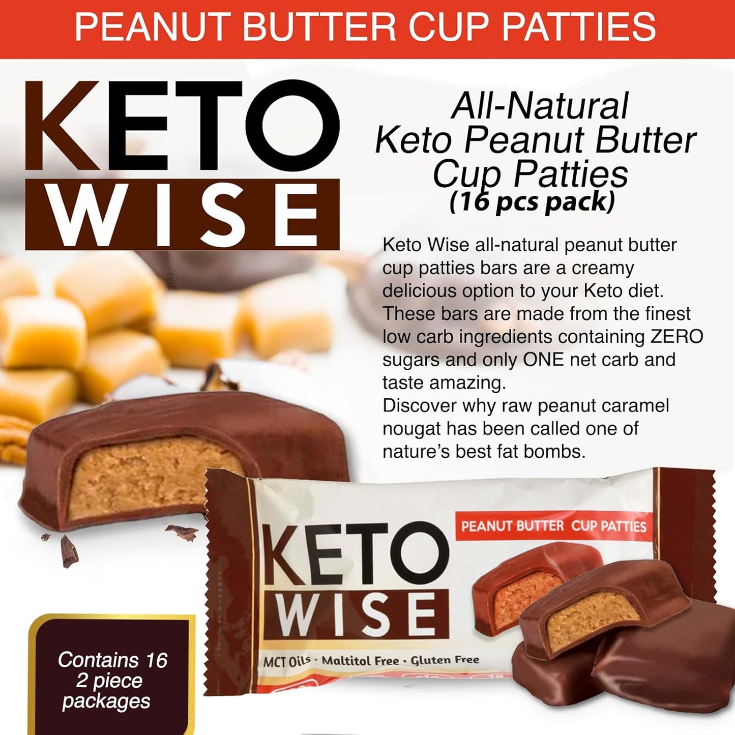 Peanut Butter Cup Fat Bombs – Keto-Friendly, Zero Sugar Added, Low Carb with MCT Oil, 16 Count