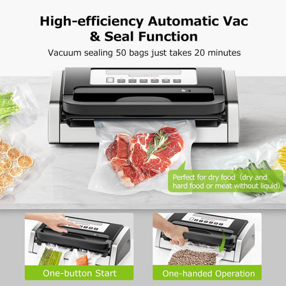 Vacuum Sealer Machine – Powerful Low-Noise Food Vacuum Sealer with Built-In Cutter & Bag Storage, Easy Handle Design, 1 Roll & 10 Bags
