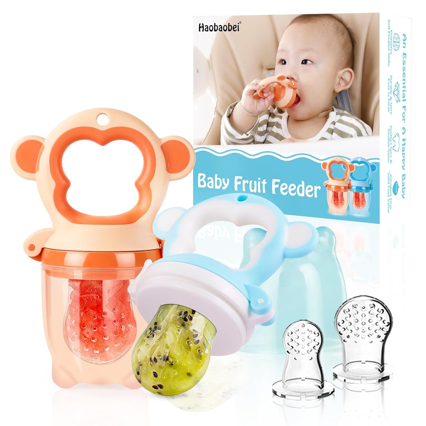 Baby Fresh Fruit Feeder Pacifier – 2-Pack Freezable Teething Toy with Silicone Pouches (Monkey, Orange & Blue)