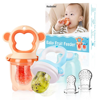 Baby Fresh Fruit Feeder Pacifier – 2-Pack Freezable Teething Toy with Silicone Pouches (Monkey, Orange & Blue)