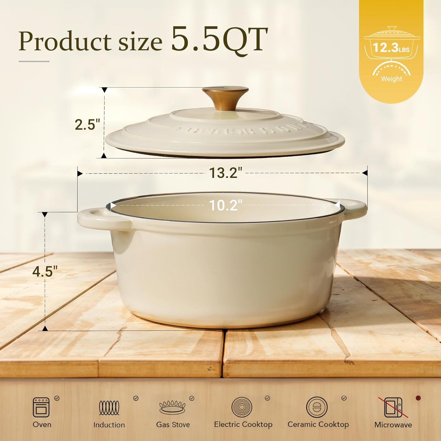 5.5QT Enameled Cast Iron Dutch Oven – Heavy-Duty Pot with Lid (Cream White)