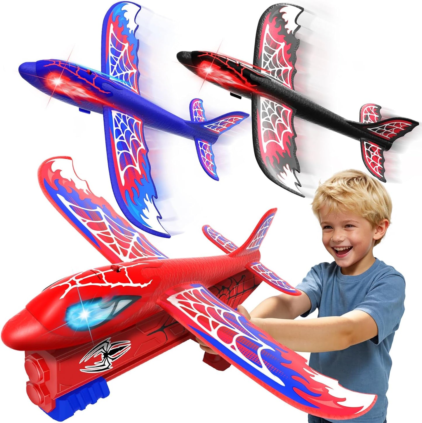 3-Pack Airplane Launcher Toy – Glowing Eyes & Web-Pattern Wings | 2 Flight Modes for Outdoor Fun, Perfect for Kids Ages 3-12 – Great Birthday Gift (Red, Blue & Black)
