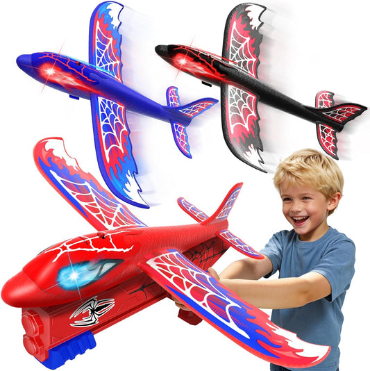3-Pack Airplane Launcher Toy – Glowing Eyes & Web-Pattern Wings | 2 Flight Modes for Outdoor Fun, Perfect for Kids Ages 3-12 – Great Birthday Gift (Red, Blue & Black)