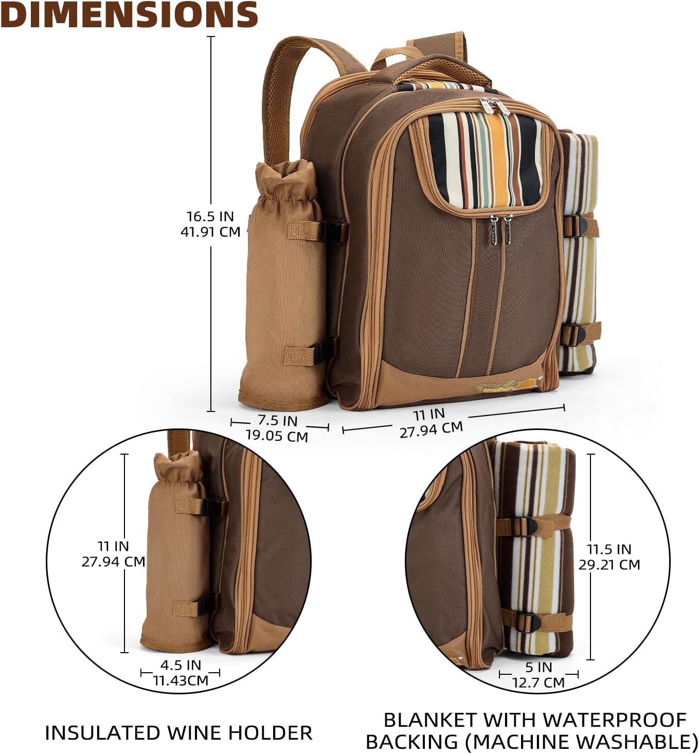 Picnic Backpack for 4 – Includes Cooler Compartment, Wine Bag & 45"x53" Blanket (Brown)