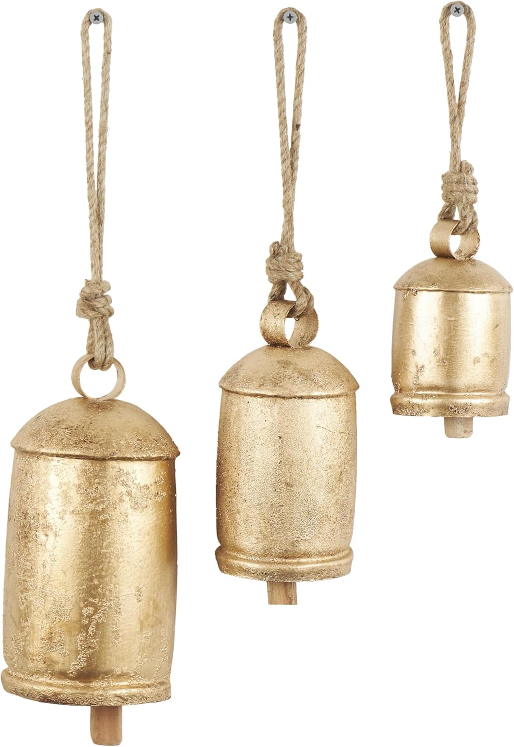 Set of 3 Gold Metal Tibetan-Style Giant Cow Bells with Jute Rope