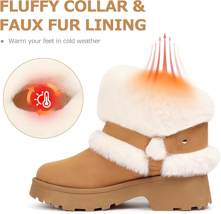Women’s Ankle Winter Boots – Chunky Low Heel Slip-On with Buckle (Chestnut-White Fuzzy, Size 9)