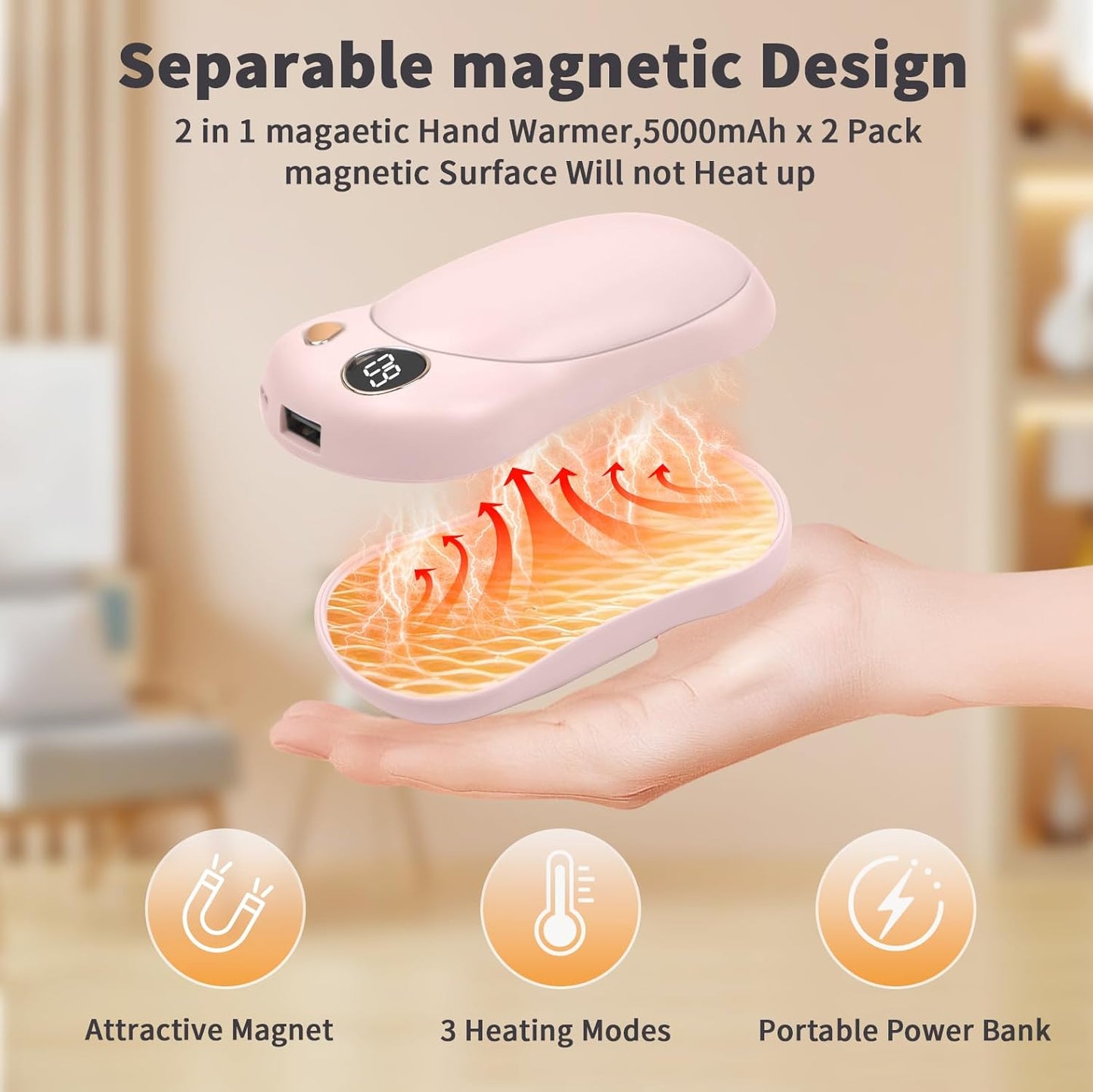 Rechargeable Hand Warmers (2-Pack) – 10,000mAh Electric Pocket Heaters with LED & 3 Heat Levels