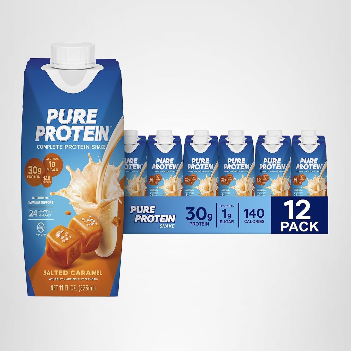 Pure Protein Salted Caramel Shake – 30g Protein, Keto-Friendly, 11oz Bottles (12 Pack)