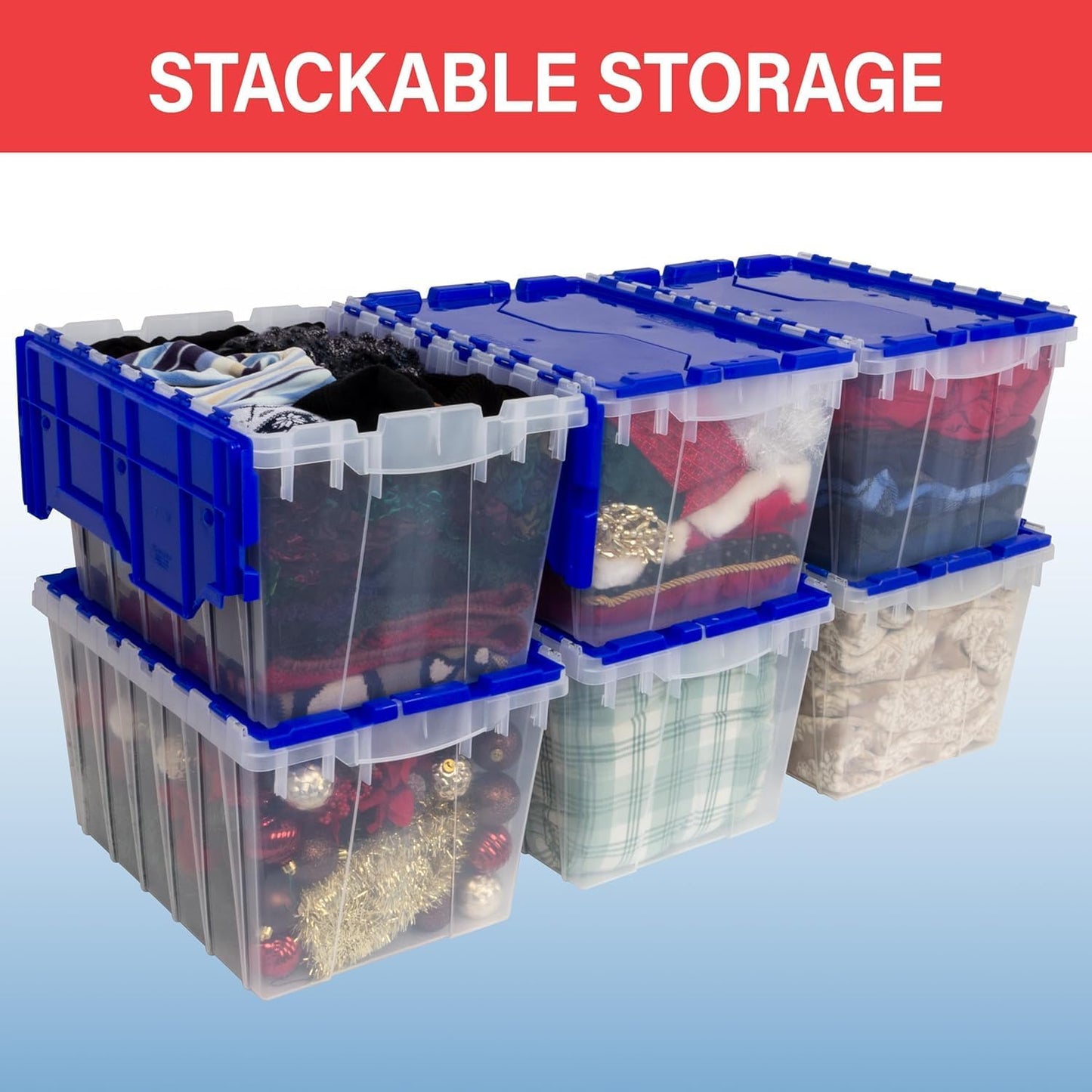 12-Gallon Stackable Plastic Storage Tote with Lid - Clear/Blue (21.5" x 15" x 12.5")