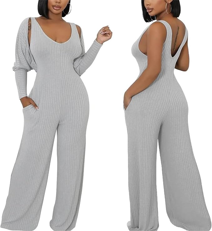 Women’s Ribbed Knit 2-Piece Outfit – Batwing Cardigan, Tank & Wide-Leg Pants with Pockets (Gray, XXL)