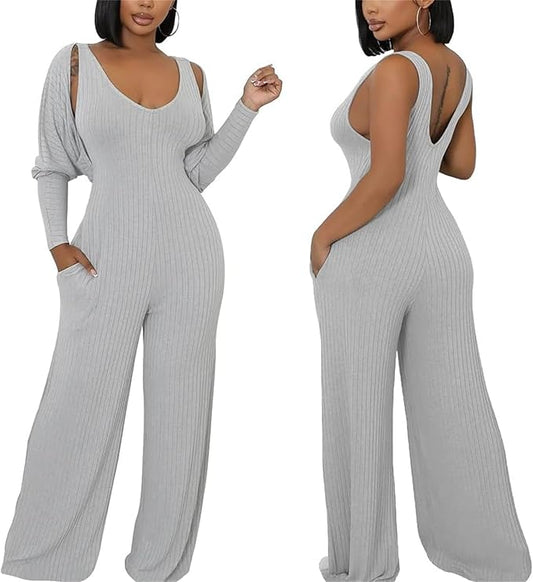 Women’s Ribbed Knit 2-Piece Outfit – Batwing Cardigan, Tank & Wide-Leg Pants with Pockets (Gray, XXL)