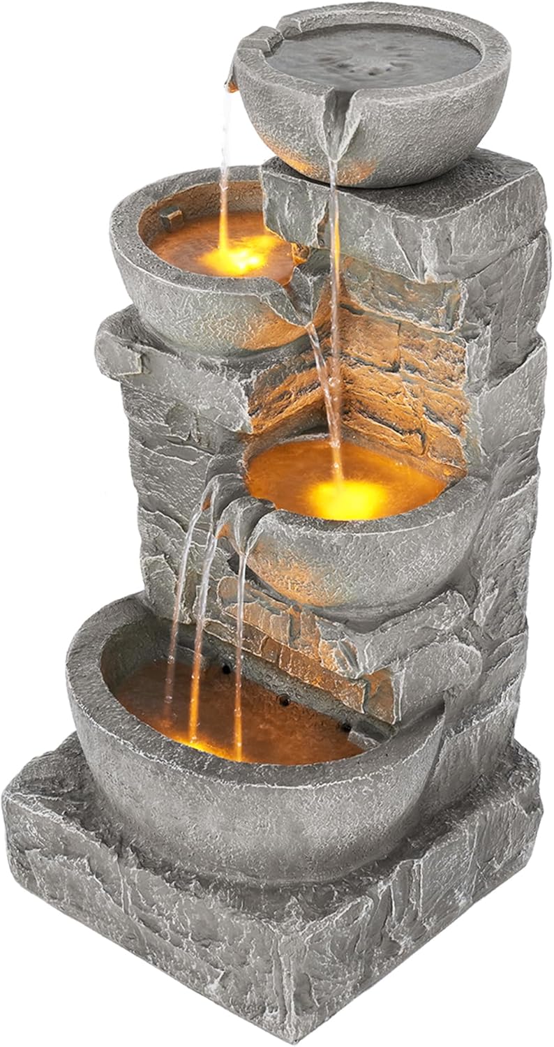 33.25" Cascading Bowls & Stacked Stones LED Outdoor Water Fountain (Stone Gray)