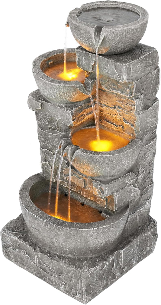 33.25" Cascading Bowls & Stacked Stones LED Outdoor Water Fountain (Stone Gray)