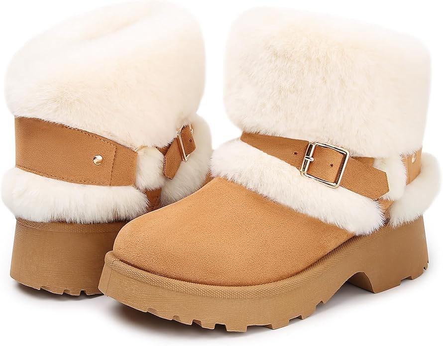 Women’s Ankle Winter Boots – Chunky Low Heel Slip-On with Buckle (Chestnut-White Fuzzy, Size 9)