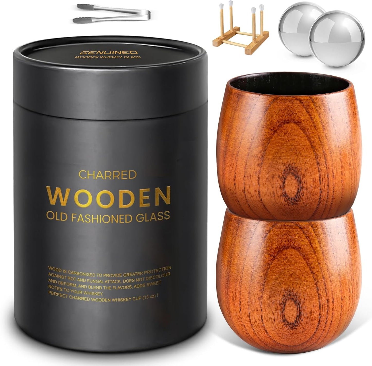 Set of 2 Enlarged Charred Wooden Whiskey Glasses - Ideal Bourbon Gifts for Men for Any Occasion