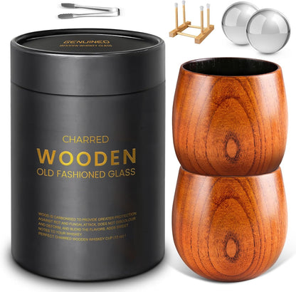 Set of 2 Enlarged Charred Wooden Whiskey Glasses - Ideal Bourbon Gifts for Men for Any Occasion