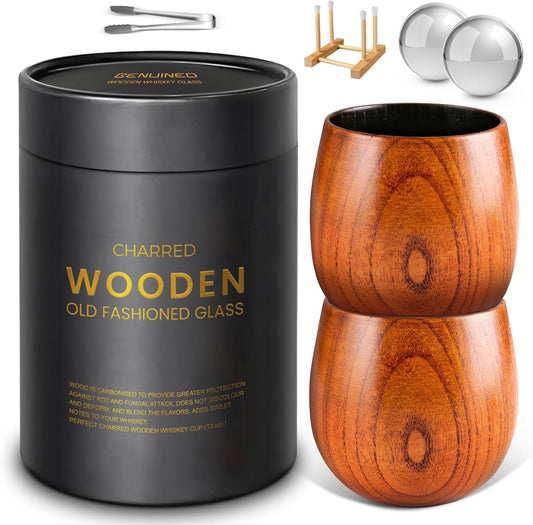 Set of 2 Enlarged Charred Wooden Whiskey Glasses - Ideal Bourbon Gifts for Men for Any Occasion