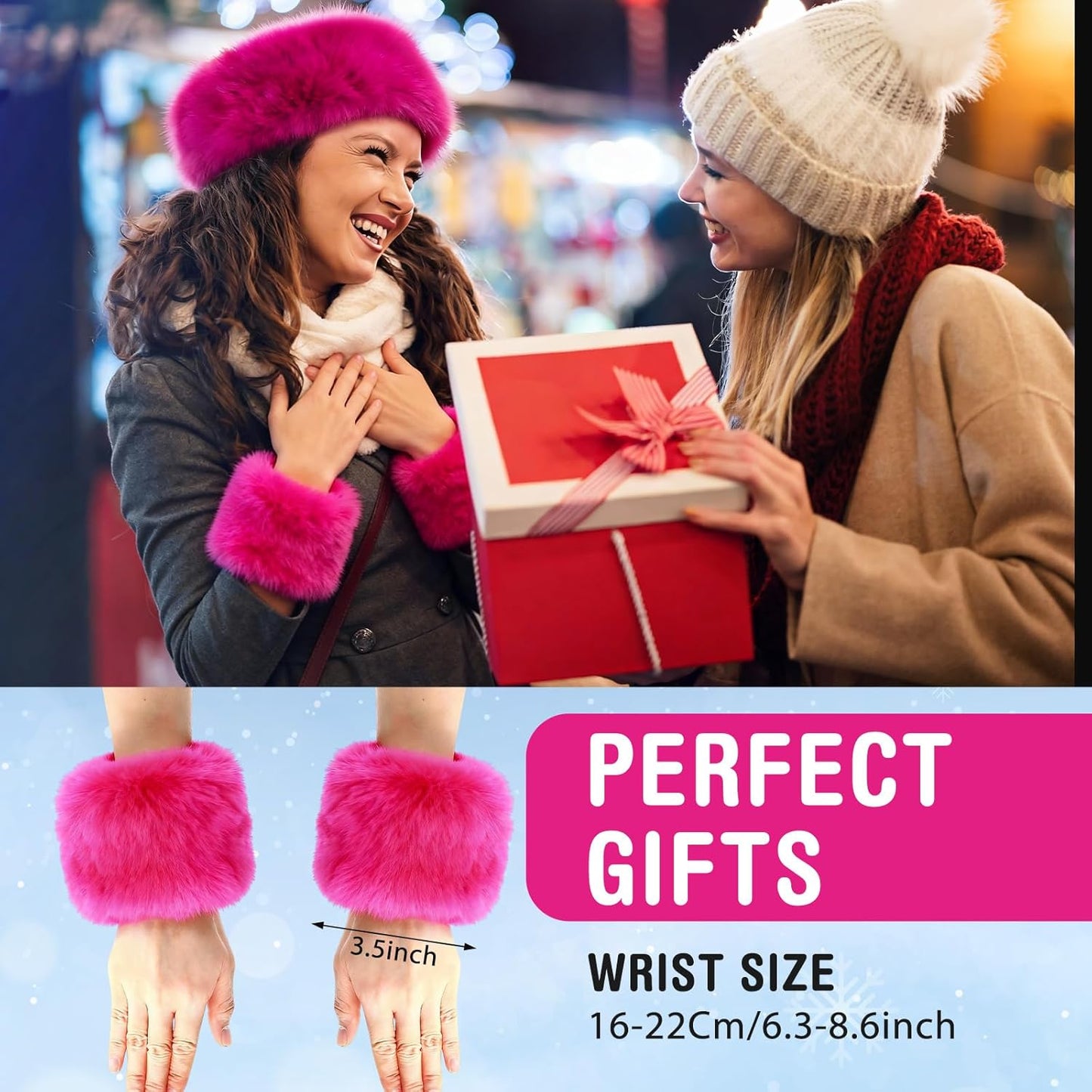 6-Piece Faux Fur Winter Accessories Set – Ear Warmer Headband, Wrist Cuffs & Leg Warmers (Rose Red/Black)