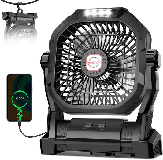 Rechargeable Camping Fan with LED Light & Hook - 20000mAh Battery, 4-Speed, 270° Adjustable