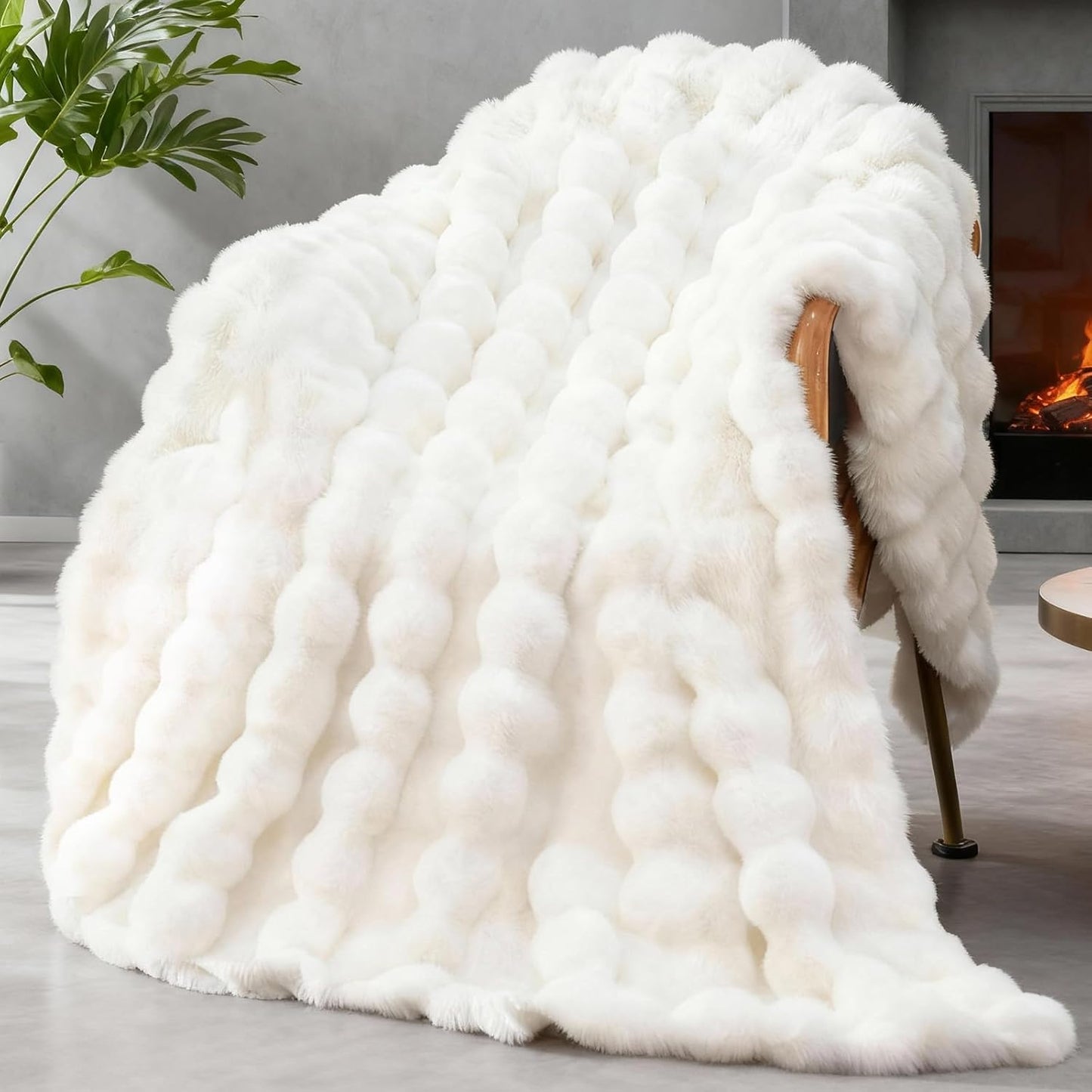 Faux Fur Throw Blanket – 1000 GSM Plush Bubble Sherpa (Ivory White, 50x60)