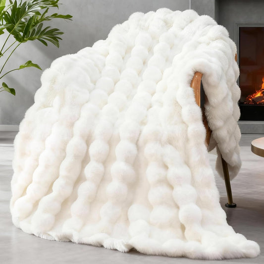 Faux Fur Throw Blanket – 1000 GSM Plush Bubble Sherpa (Ivory White, 50x60)