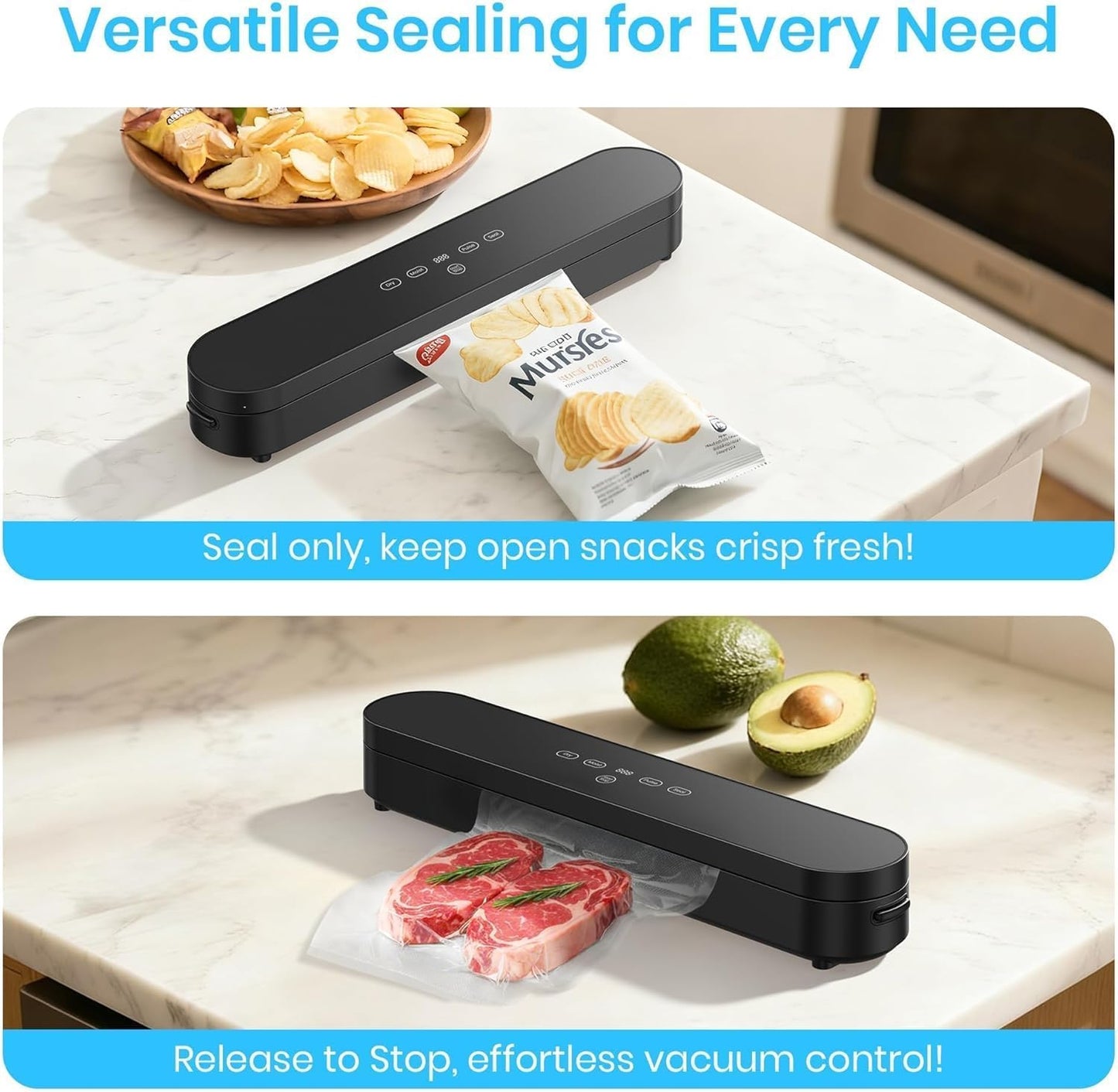Food Vacuum Sealer Machine, 75kPa Compact Vacuum Sealer for Food, 4-in-1 Food Sealer with Digital Timer, Moist/Dry, Pulse, Seal Modes, Includes 20 Vacuum Bags, Perfect for Freezer Storage, Black