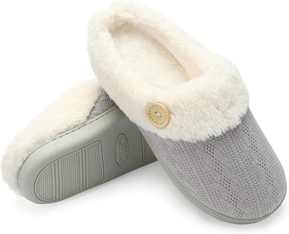 Women’s Memory Foam Slippers – Knitted Faux Fur Lined House Shoes with Anti-Skid Sole
