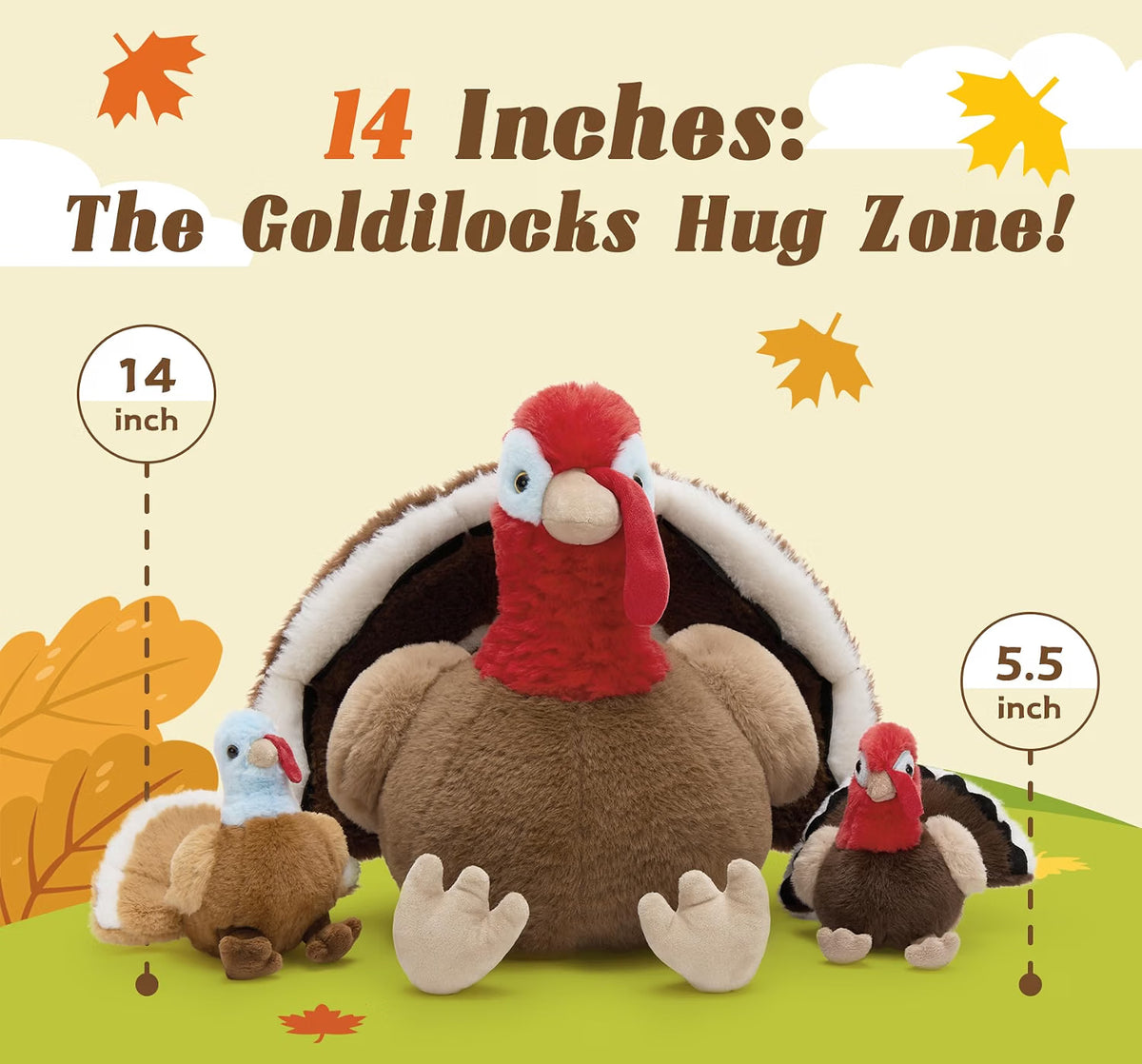 14" Thanksgiving Turkey Stuffed Animal with 3 Baby Turkeys – Soft Fall Plush Toy & Holiday Décor
