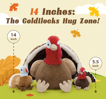 14" Thanksgiving Turkey Stuffed Animal with 3 Baby Turkeys – Soft Fall Plush Toy & Holiday Décor