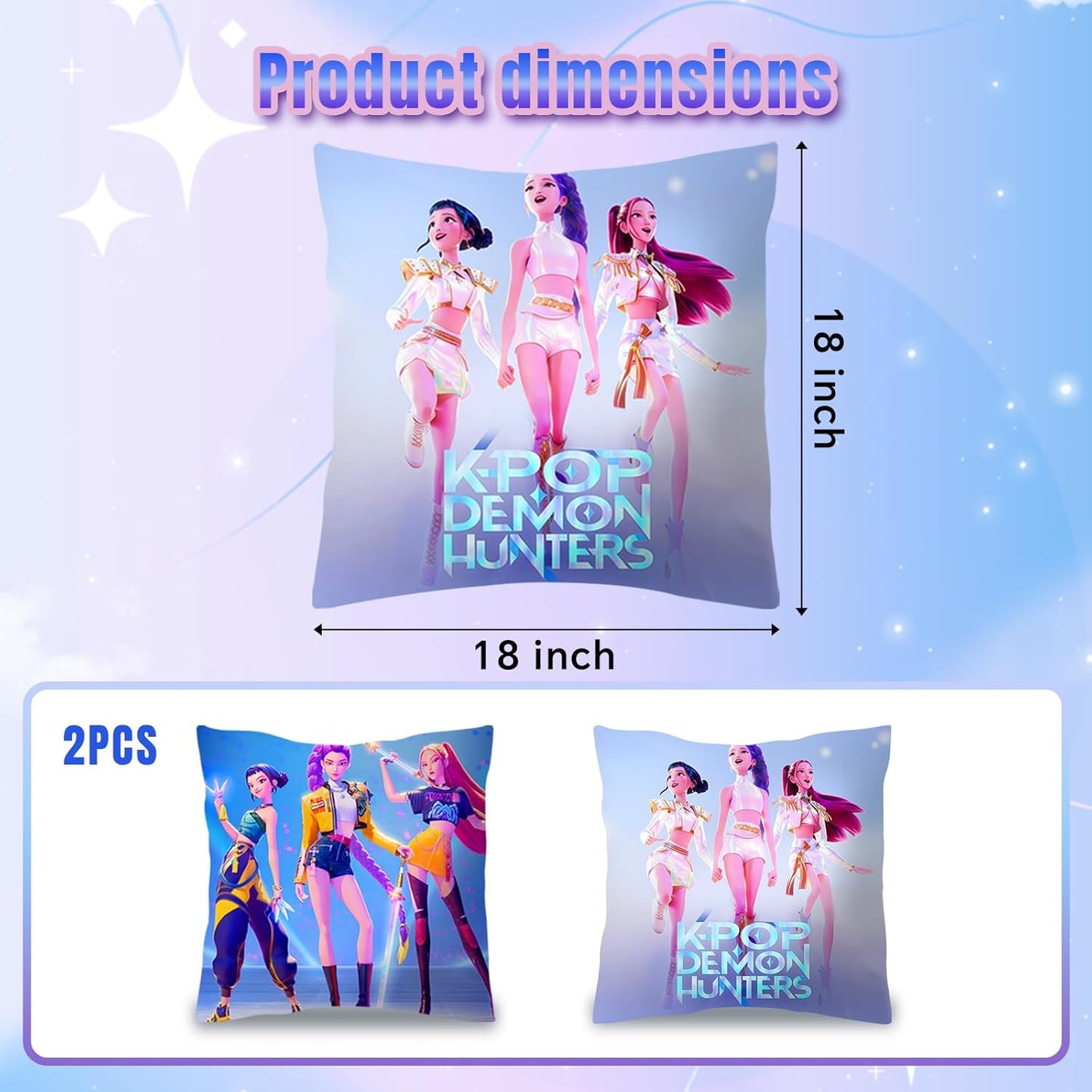 Demon Hunters Pillow Covers (2 Pack) – 18" x 18" Kpop-Themed Decorative Pillowcases with 2 Designs for Bedroom & Fans