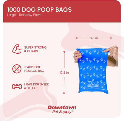 Poop Bags for Dogs with Dispenser, 1000 Count - Leak-Proof Dog Waste Bags and Bone-Shaped Dog Poop Bags Holder for Leash - Rainbow with Paw Prints, 12.5" x 8.5"