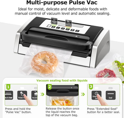 Vacuum Sealer Machine – Powerful Low-Noise Food Vacuum Sealer with Built-In Cutter & Bag Storage, Easy Handle Design, 1 Roll & 10 Bags