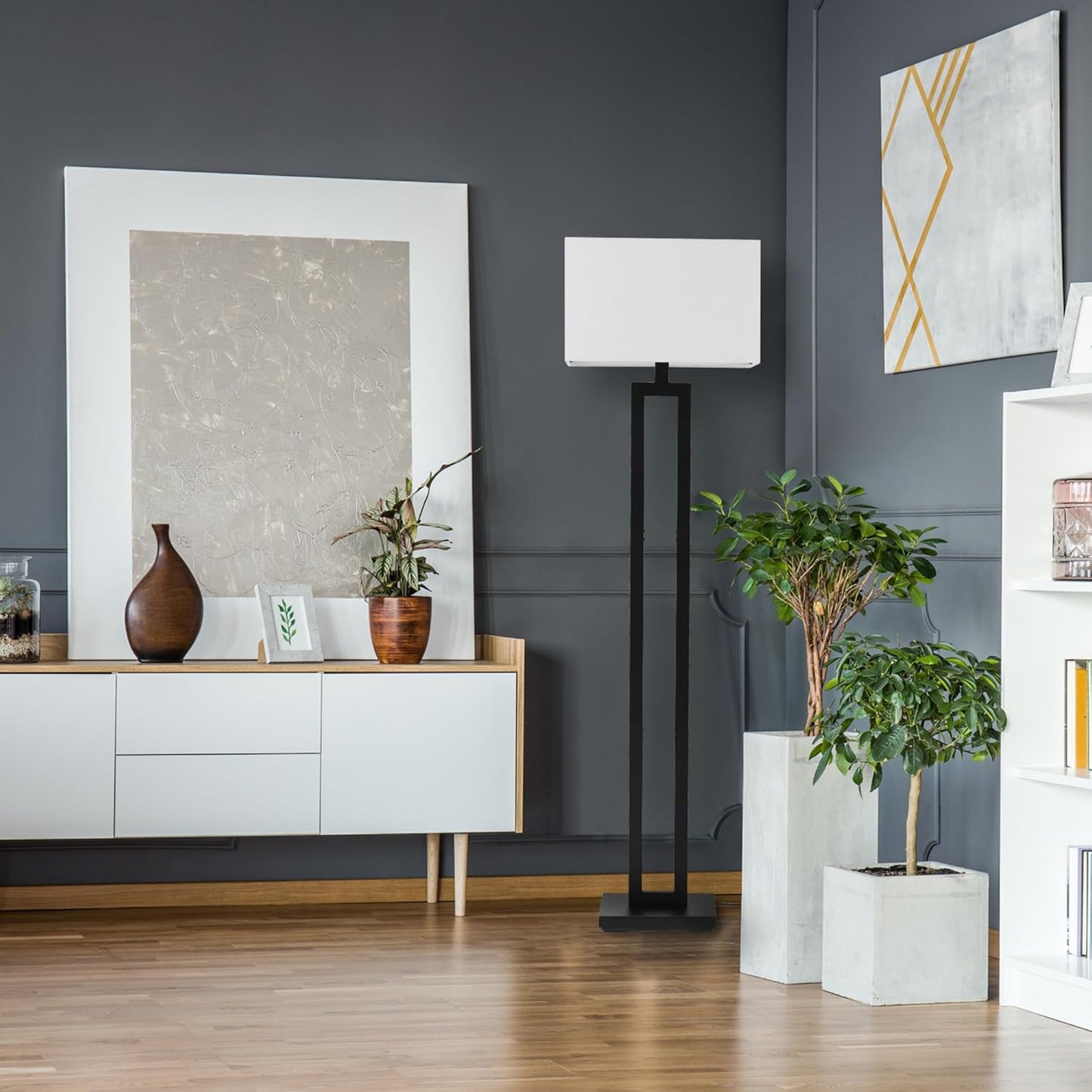 58" Modern Floor Lamp - Matte Black with White Linen Shade