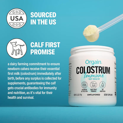 Orgain Bovine Colostrum Powder – Immune & Gut Health Support, Unflavored, 60 Servings – 4.2 oz