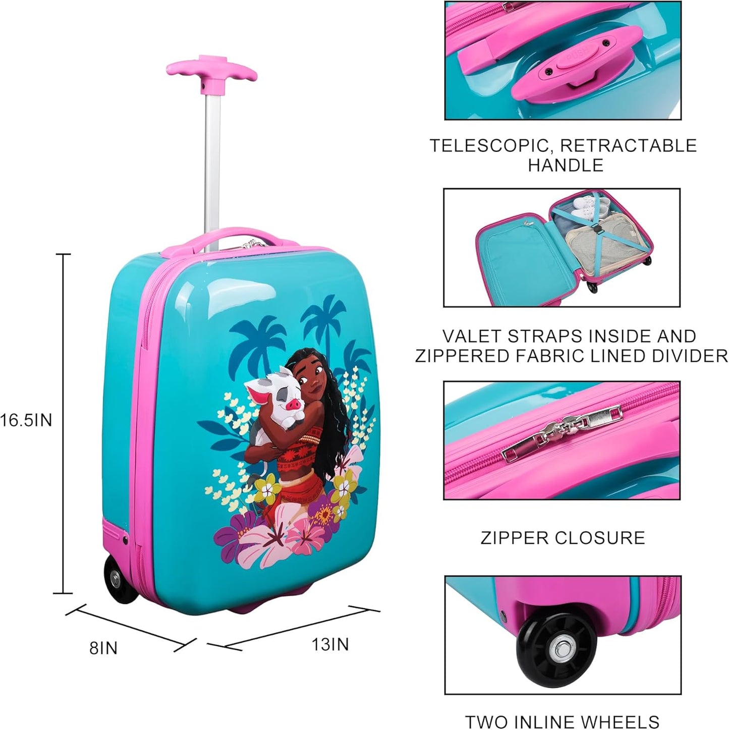 Moana Kids Hardside Luggage – 16.5" Rolling Travel Suitcase with Character Design
