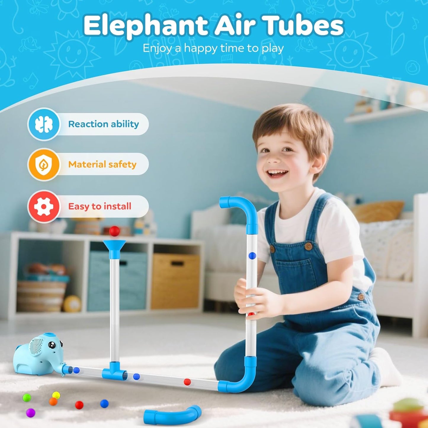 STEM Air-Powered Building Toy – Rechargeable Air Tubes & Turbine Set with 30 Foam Balls (Ages 3–8+)