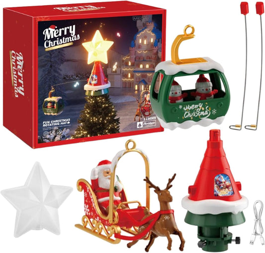 Electric-Rotating Star Christmas Tree Topper Ornament, with Led Star Santa Claus and Reindeer Sleigh