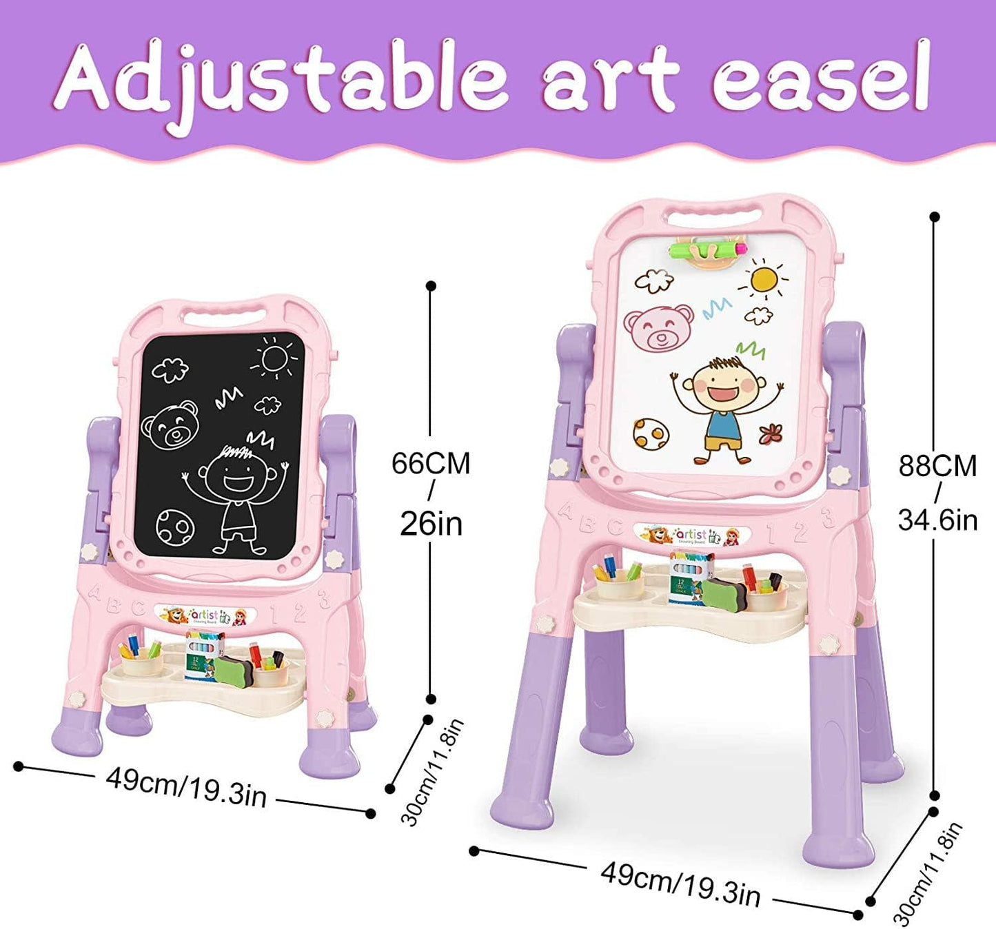 Kids Art Easel – Adjustable Double-Sided Rotating Easel with Painting Accessories (Pink)