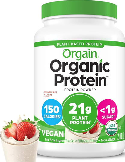 Orgain Organic Vegan Protein Powder – Strawberries & Cream, 21g Plant Protein