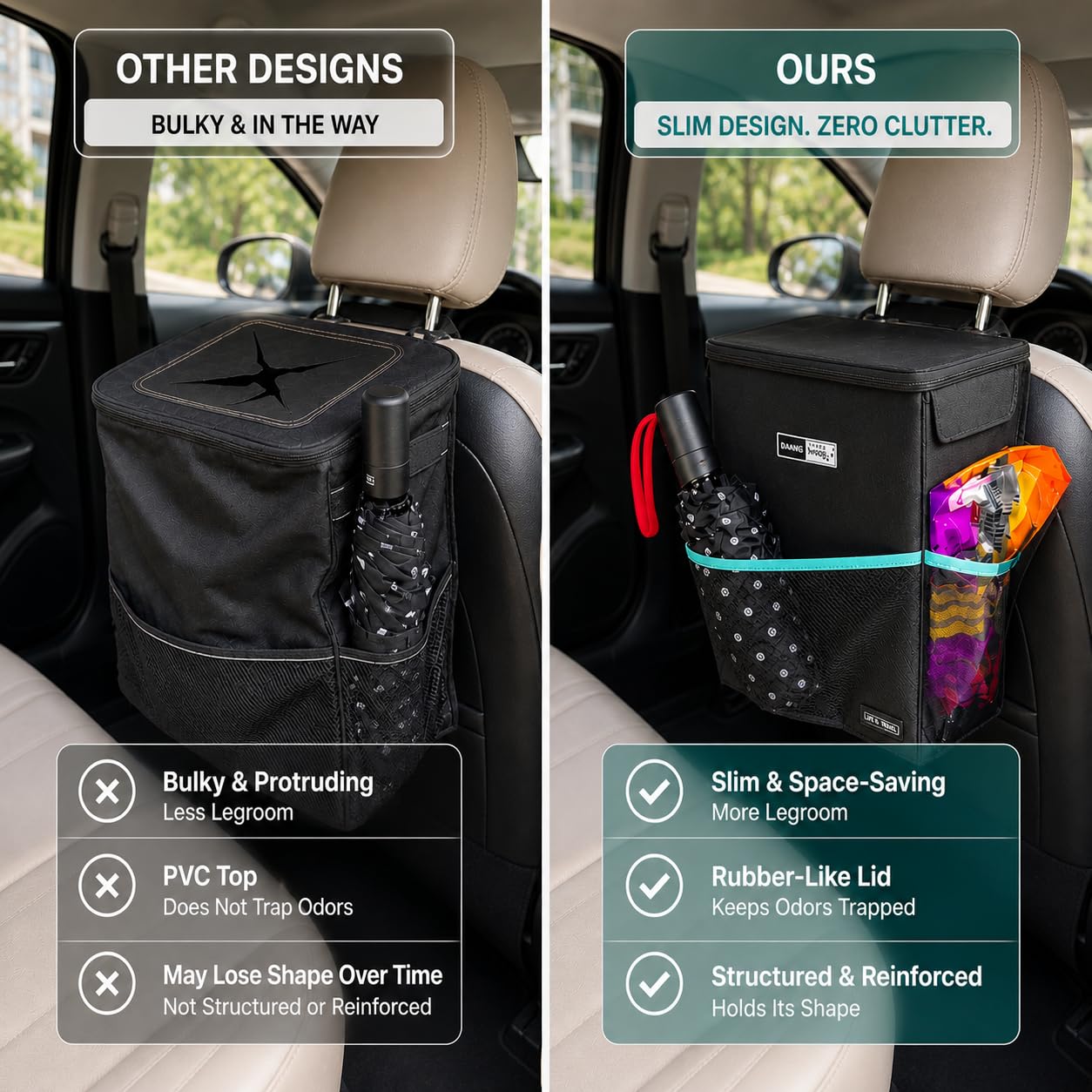 Slim Car Trash Can – 2.5 Gallon Leakproof & Odor-Proof Garbage Bin for Cars, Trucks & SUVs