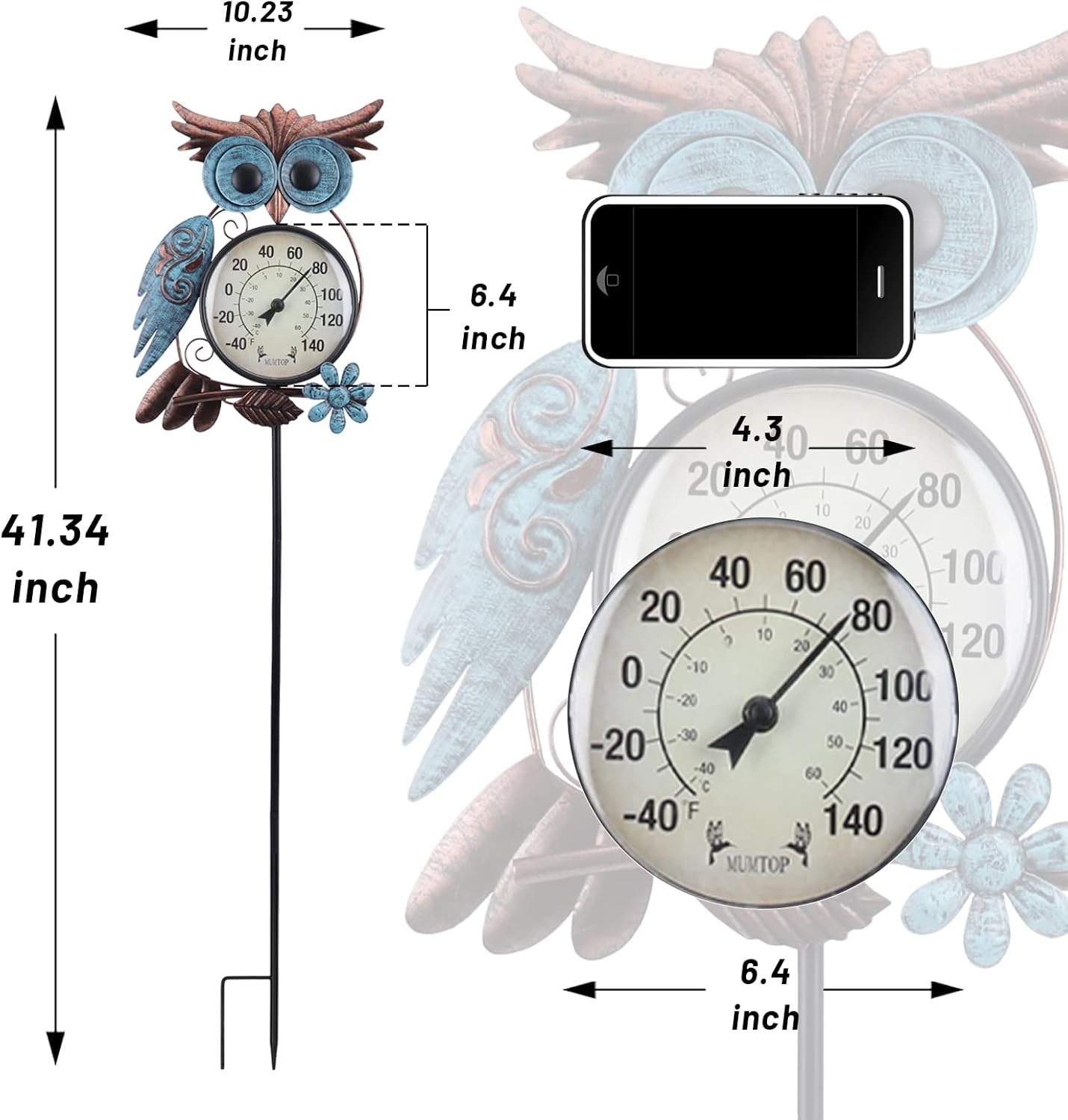 42" Metal Owl Outdoor Thermometer – Garden Stake or Wall-Mount Thermometer for Patio, Yard & Garden
