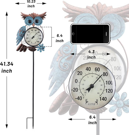 42" Metal Owl Outdoor Thermometer – Garden Stake or Wall-Mount Thermometer for Patio, Yard & Garden