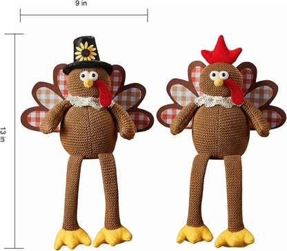 2-Piece Thanksgiving Turkey Couple Plush Dolls – Dangling Leg Fall Harvest Tabletop Decorations for Home, Kitchen & Shelf Décor