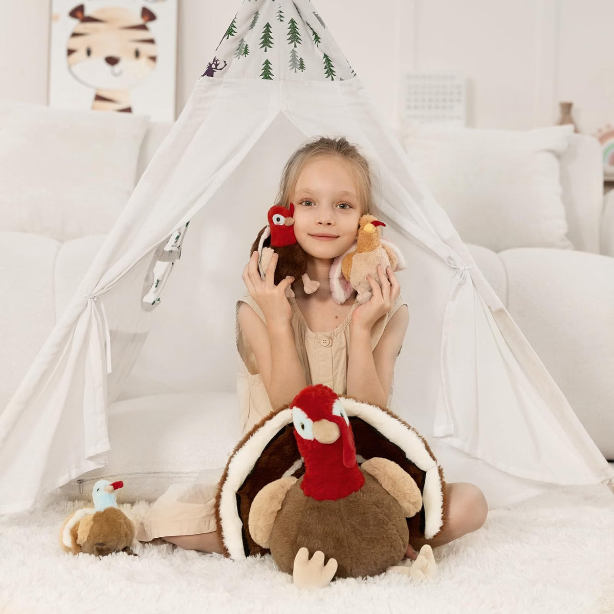 14" Thanksgiving Turkey Stuffed Animal with 3 Baby Turkeys – Soft Fall Plush Toy & Holiday Décor