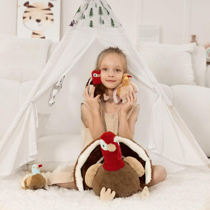 14" Thanksgiving Turkey Stuffed Animal with 3 Baby Turkeys – Soft Fall Plush Toy & Holiday Décor