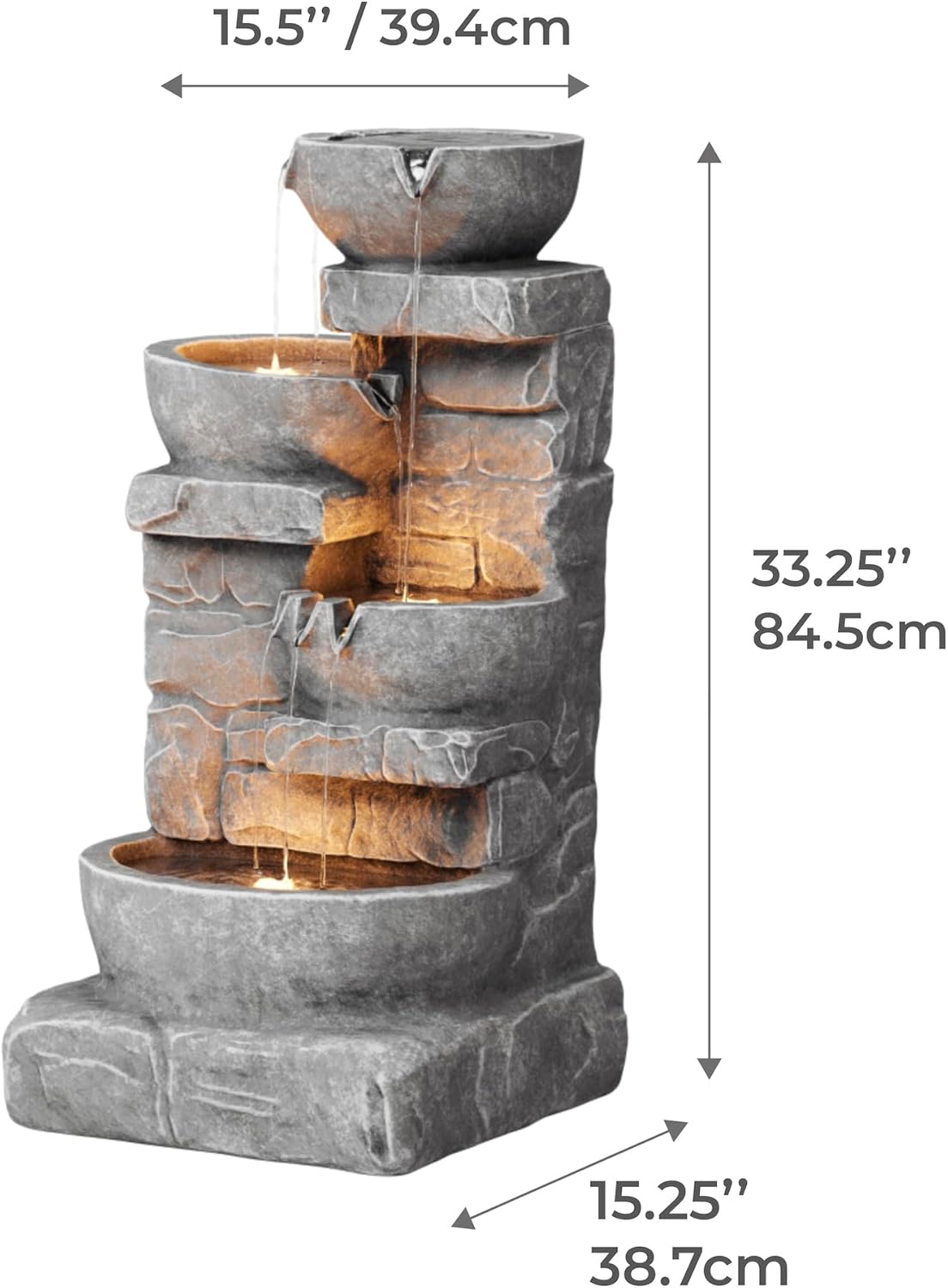 33.25" Cascading Bowls & Stacked Stones LED Outdoor Water Fountain (Stone Gray)