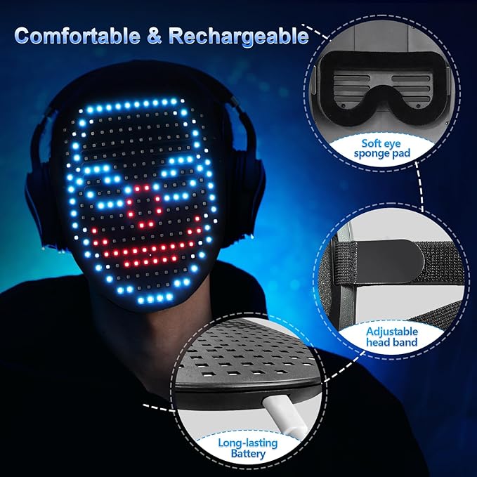 LED Gesture-Sensing Mask – Light-Up Face Transforming Mask for Halloween, Christmas, Birthdays, and Cosplay Parties