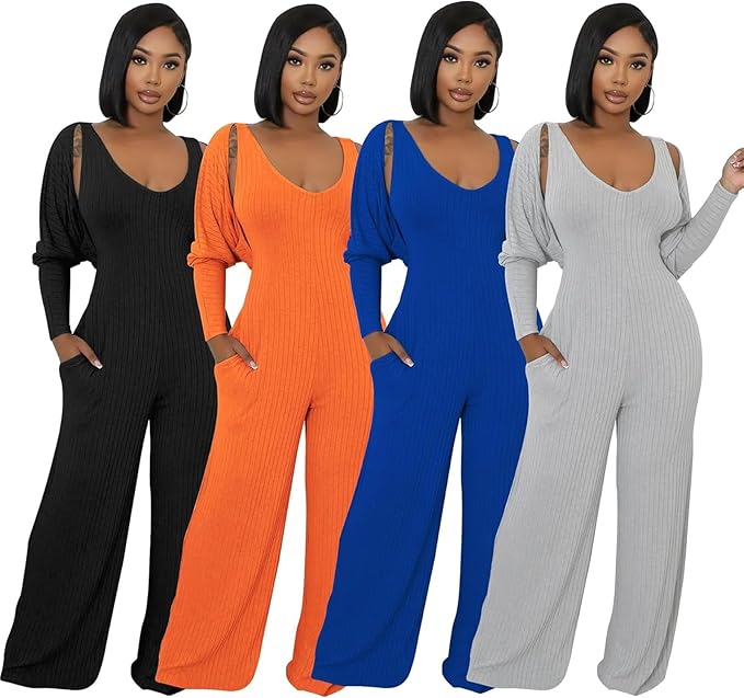 Women’s Ribbed Knit 2-Piece Outfit – Batwing Cardigan, Tank & Wide-Leg Pants with Pockets (Gray, XXL)