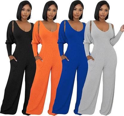 Women’s Ribbed Knit 2-Piece Outfit – Batwing Cardigan, Tank & Wide-Leg Pants with Pockets (Gray, XXL)