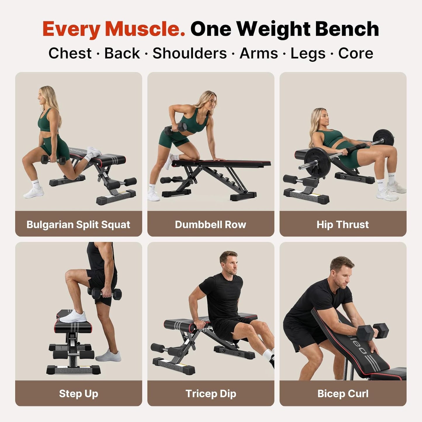 Adjustable Weight Bench – ASTM-Certified 827 lb Foldable Gym Bench with Incline, Decline & Flat Positions – Wider Seat